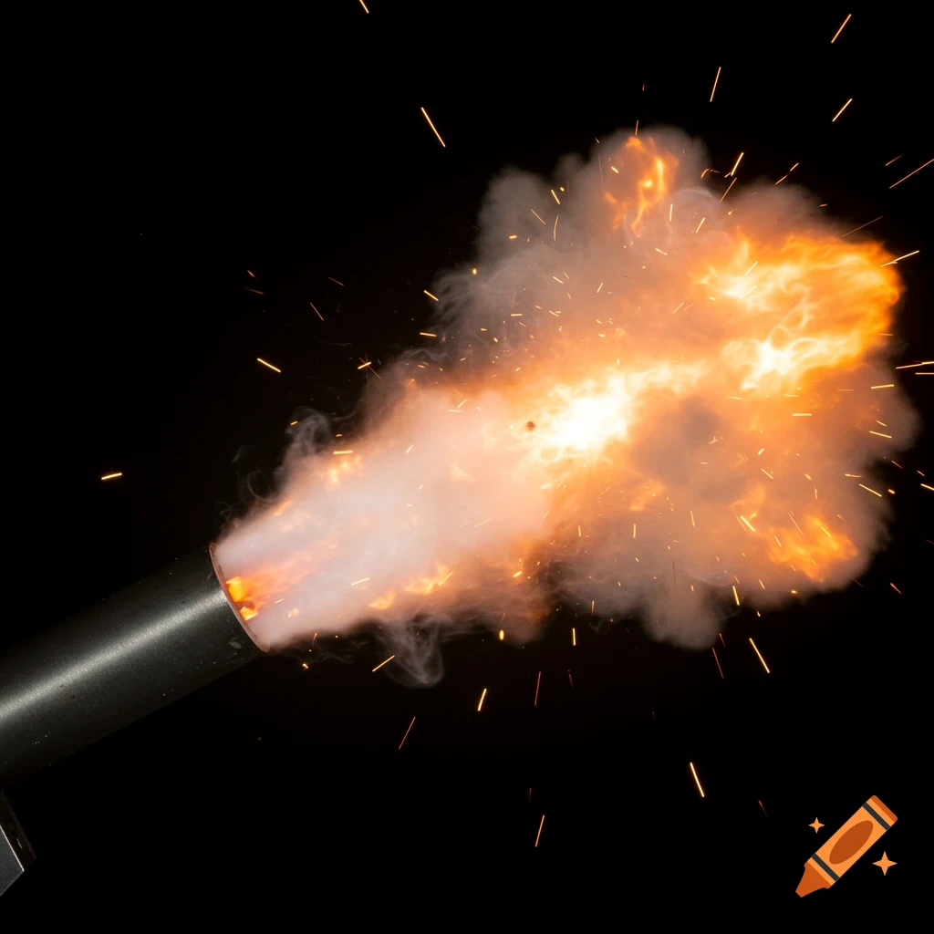 A bright orange and yellow muzzle flash erupts from a dark barrel, surrounded by white smoke and sparks against a black background.