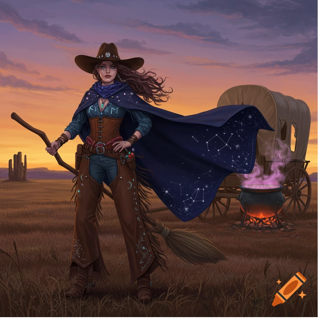 A cowgirl witch in a wide-brimmed hat and celestial cape stands in a sunset prairie with a smoking cauldron and wagon.
