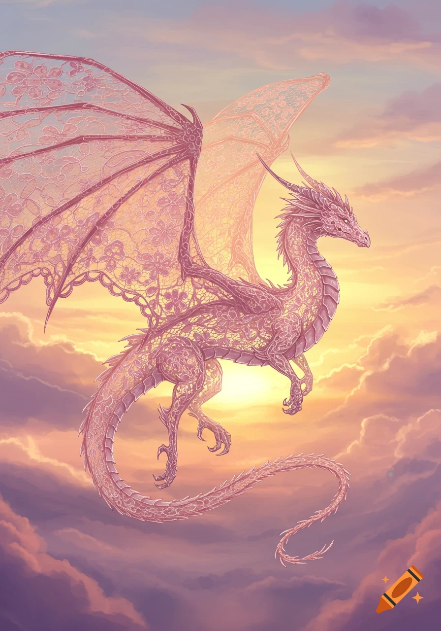A pink lace dragon flies gracefully through a sunset sky with clouds.