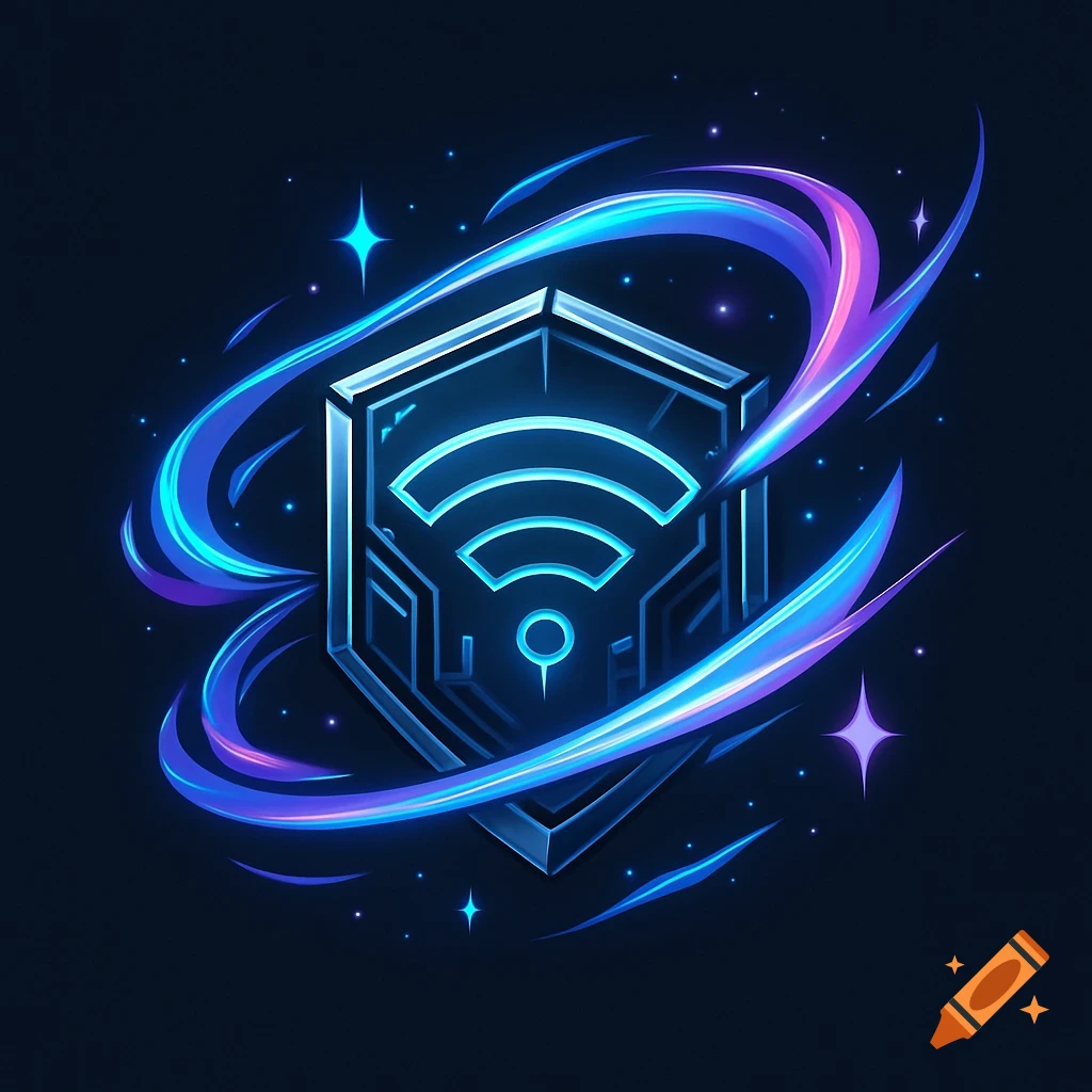 A glowing anime-style logo featuring a shield with a WiFi symbol, surrounded by blue and purple light trails and sparkles.