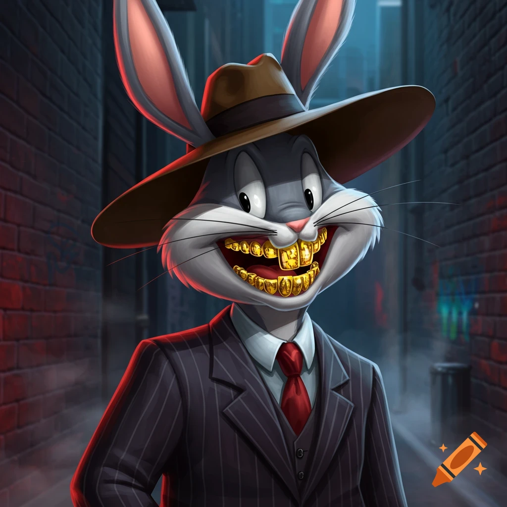 Bugs Bunny in a gangster suit and fedora, showing off gold teeth, stands in a dark alley.