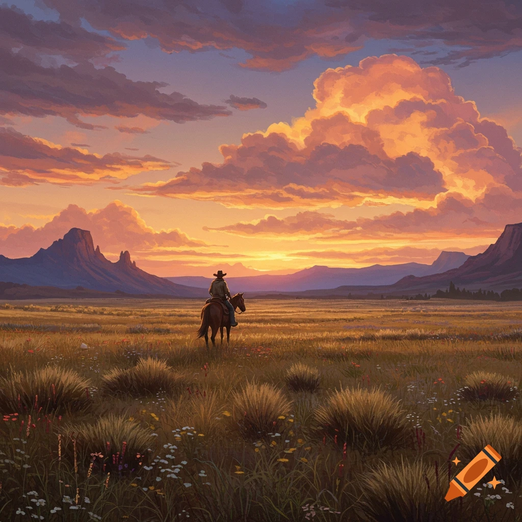 A cowboy rides a horse through a wide, grassy plain at sunset, with large, colorful clouds and distant mountains.