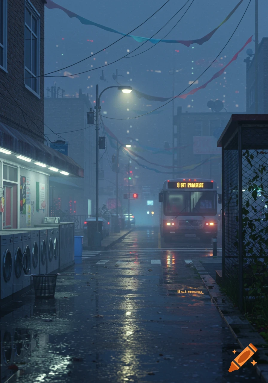 A moody photorealistic depiction of a rainy city street at dusk, with a laundromat on the left, a bus approaching, and reflections on the wet asphalt.