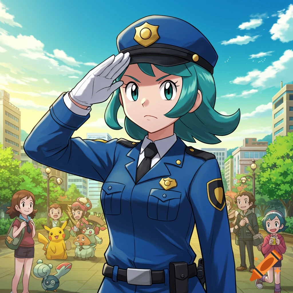 Anime-style image of Officer Jenny from Pokemon saluting, with other trainers and Pokemon in a city park background.