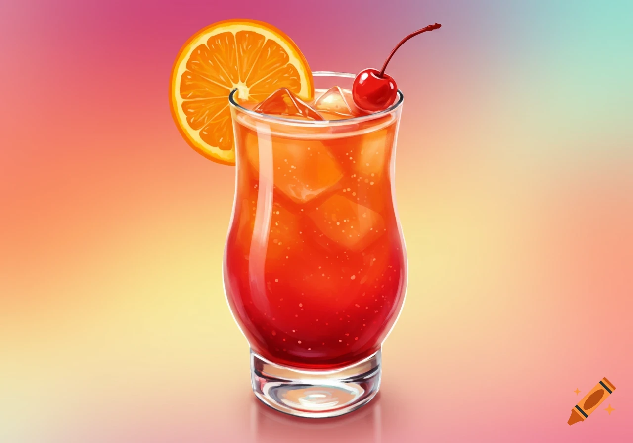 A vibrant illustration of a rum punch cocktail with an orange slice and cherry garnish on a colorful gradient background.