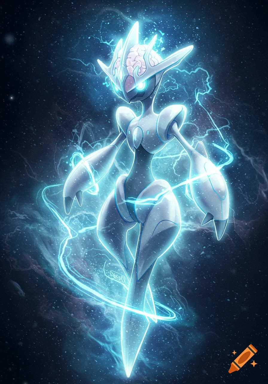 A glowing, white, bipedal Pokémon-like creature with a brain-like head crest, surrounded by blue electricity against a dark, starry cosmic background.
