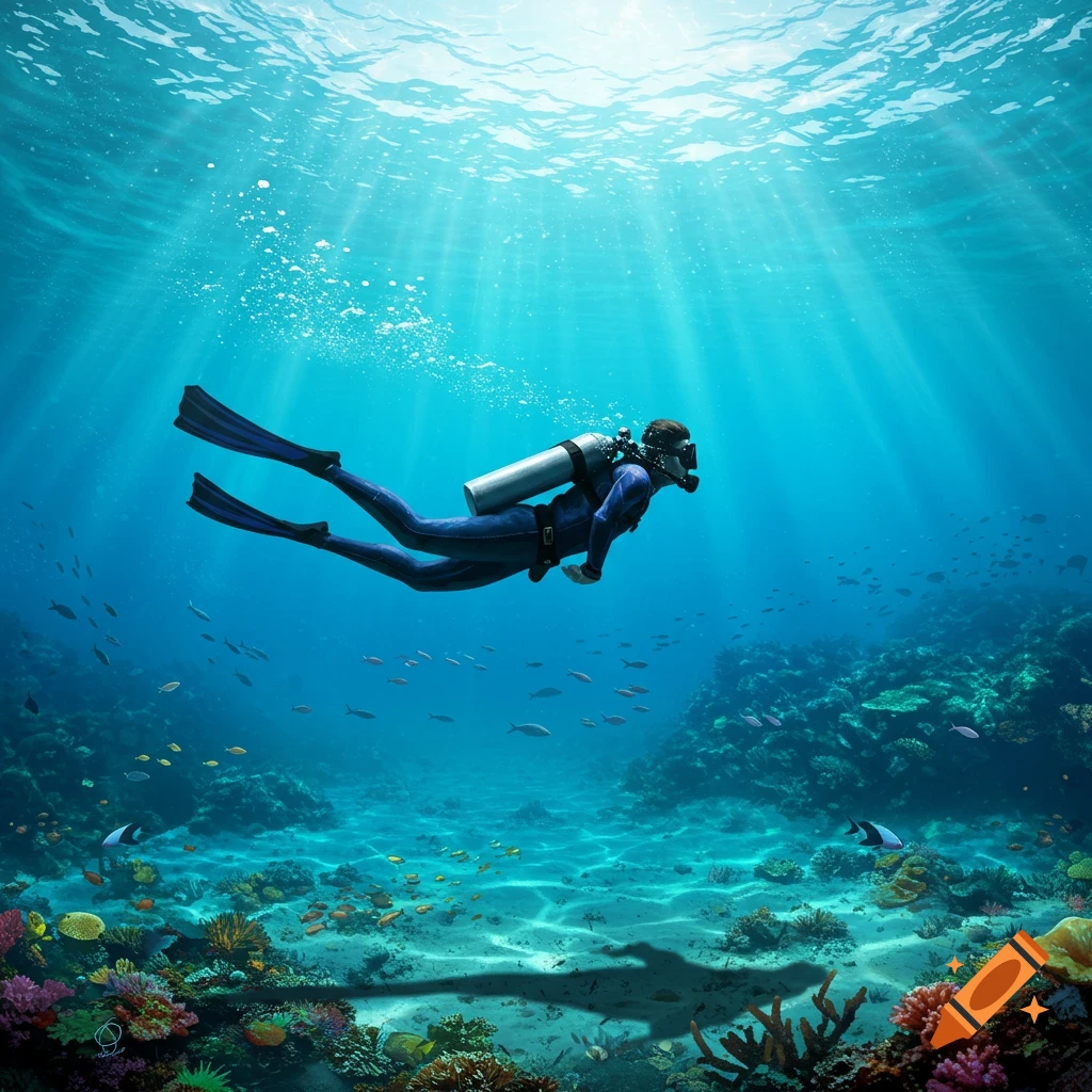 A photorealistic image of a scuba diver exploring a vibrant coral reef in clear blue ocean waters with sun rays.