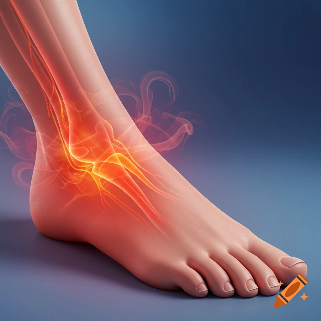 A photorealistic illustration of a human foot with glowing red and orange inflamed nerves around the ankle area, on a blue background.