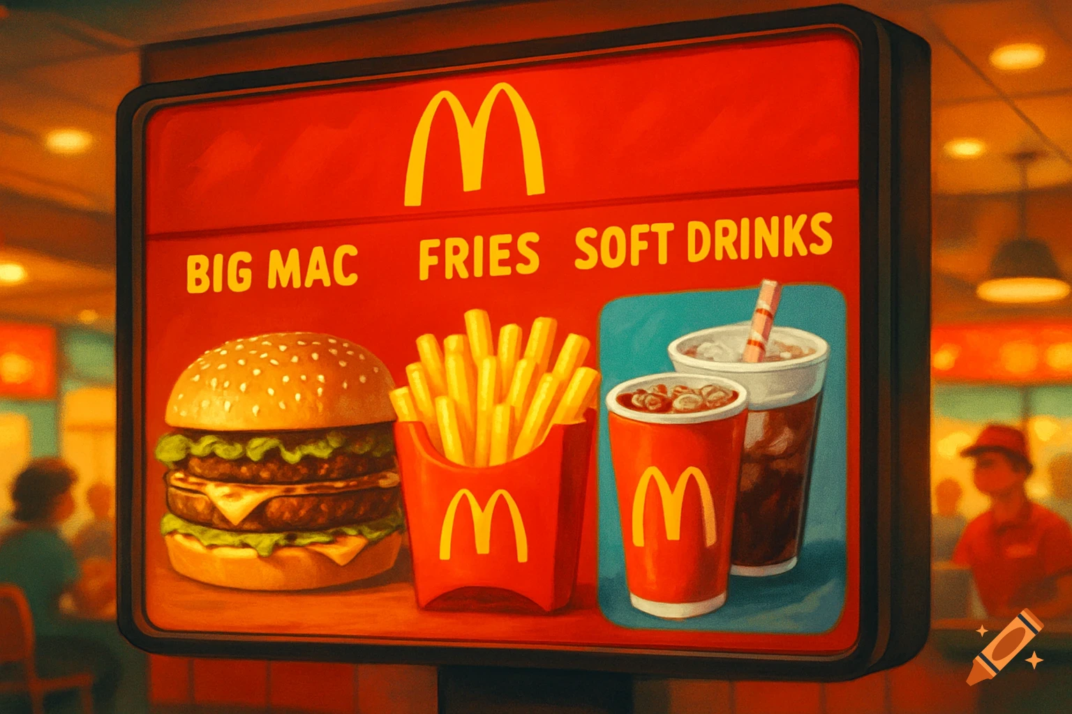 A stylized McDonald's menu board displaying a Big Mac, fries, and soft drinks.