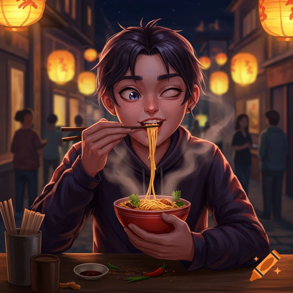 A stylized young person with dark hair and freckles winks while eating noodles with chopsticks from a red bowl on a bustling Asian street at night under glowing lanterns.