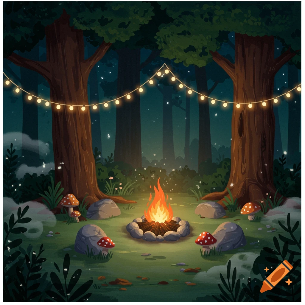 A cozy cartoon forest at night with a glowing campfire surrounded by rocks and mushrooms, illuminated by string lights between two large trees.