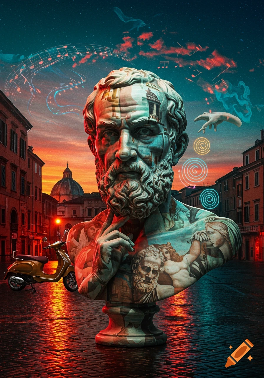 A classical stone bust with Renaissance art and architectural elements integrated, stands on a cobbled street at sunset in an Italian city, surrounded by musical notes and abstract swirls.
