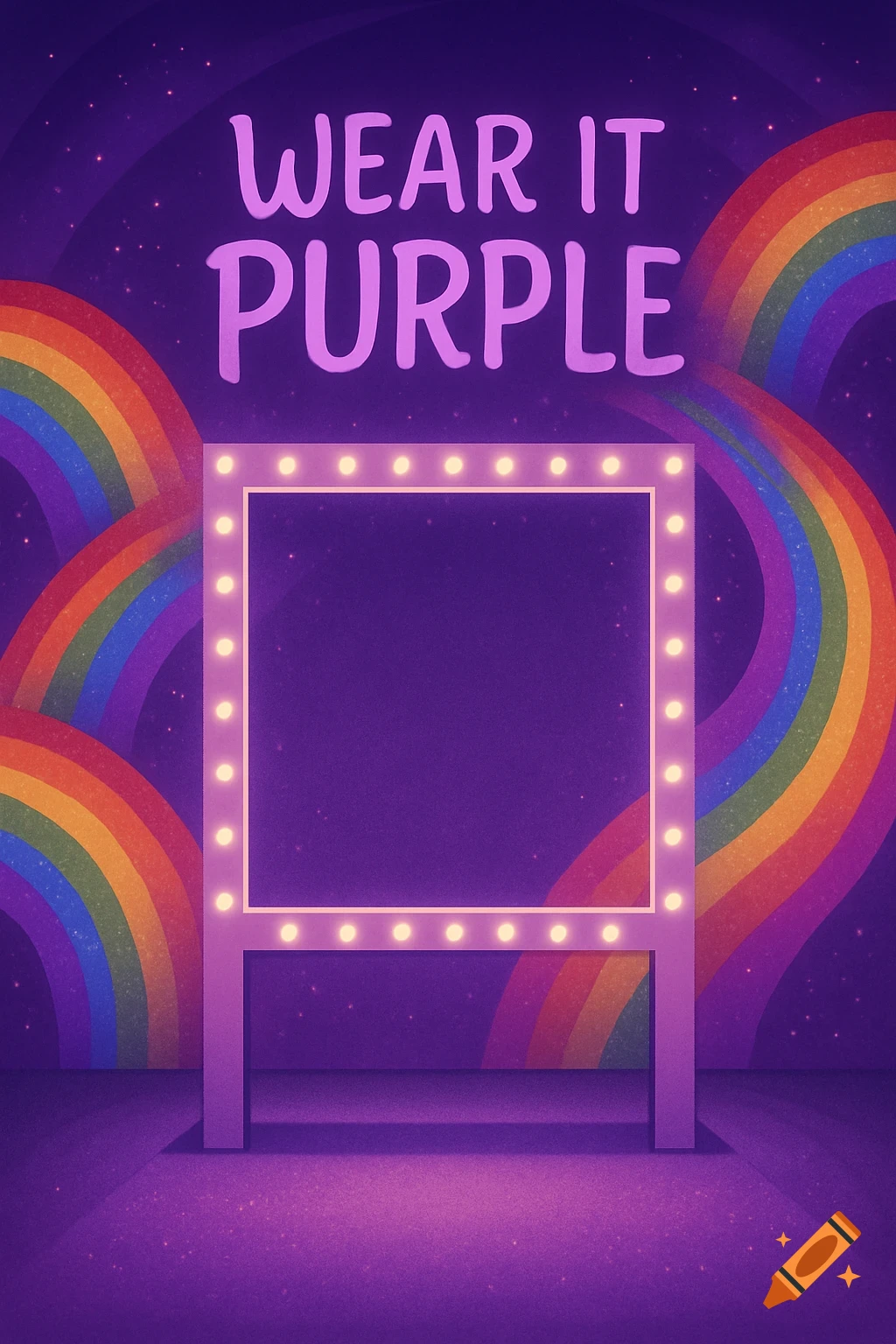 A purple photo booth design with rainbow arches, stars, and the text 'WEAR IT PURPLE' above a rectangular light-up frame.