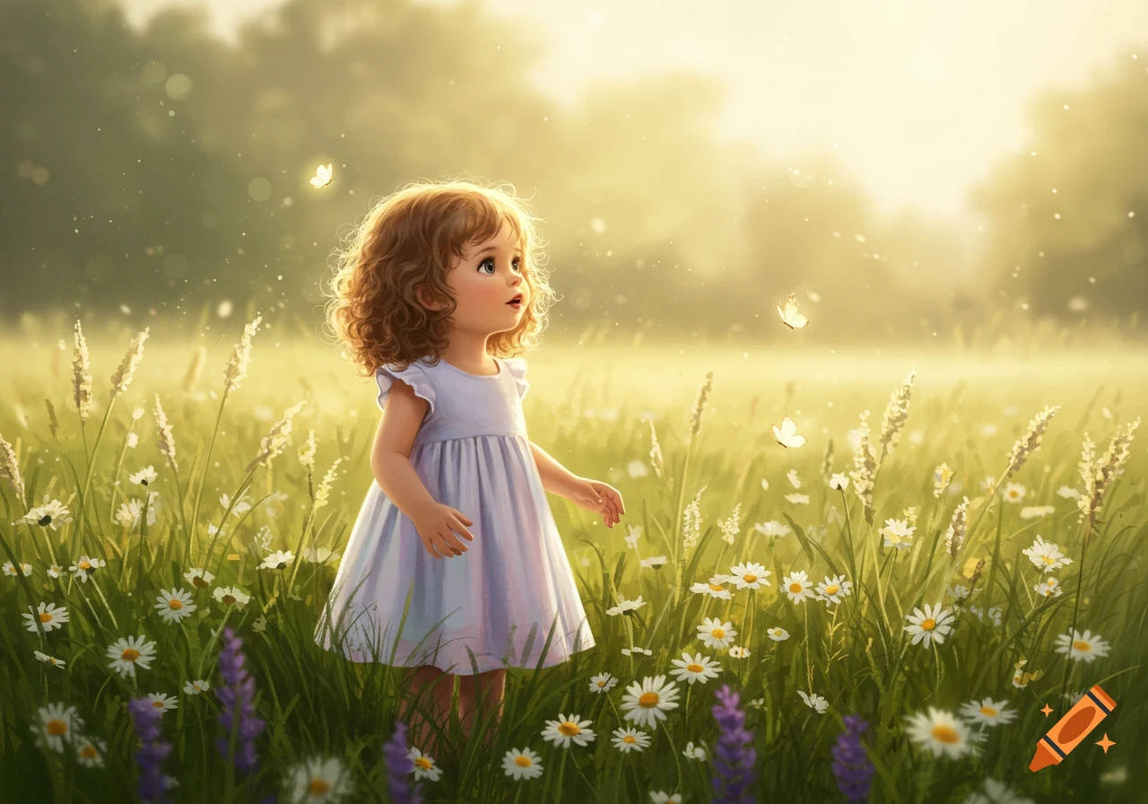 A small curly-haired girl in a light dress looks up at butterflies in a sunlit meadow of daisies and tall grass.