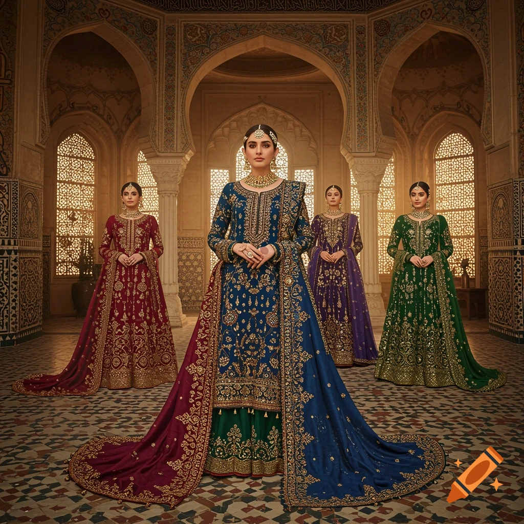 Four women in elaborate traditional Pakistani silk dresses with gold embroidery stand in a grand ornate room with arched windows.