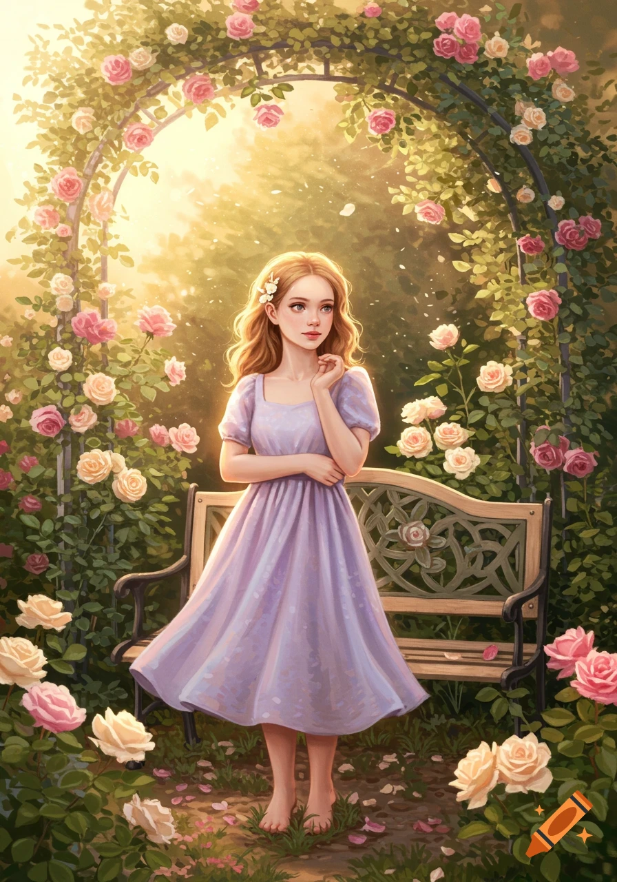 A young woman in a lavender dress stands barefoot in a rose garden under a floral archway near a bench, in a painterly style.