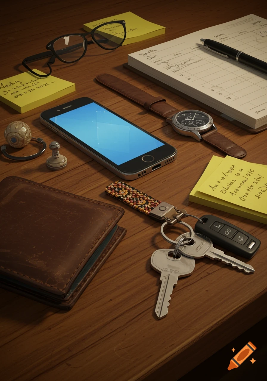 A photorealistic still life of everyday items including a phone, wallet, keys, watch, glasses, and sticky notes on a wooden table.