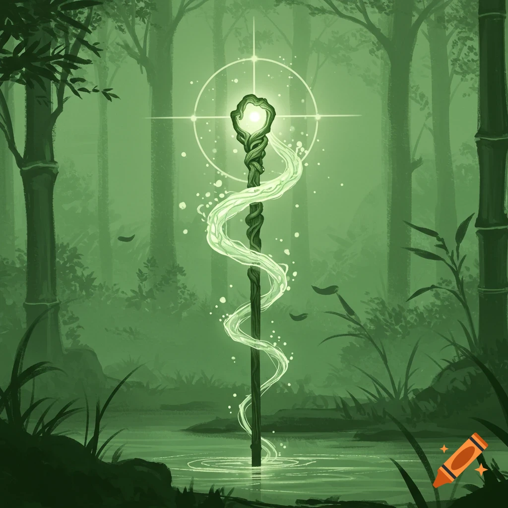 An ethereal, glowing green staff wrapped in vines stands in a misty, verdant forest with a reflective pool, in a sumi-e fantasy art style.