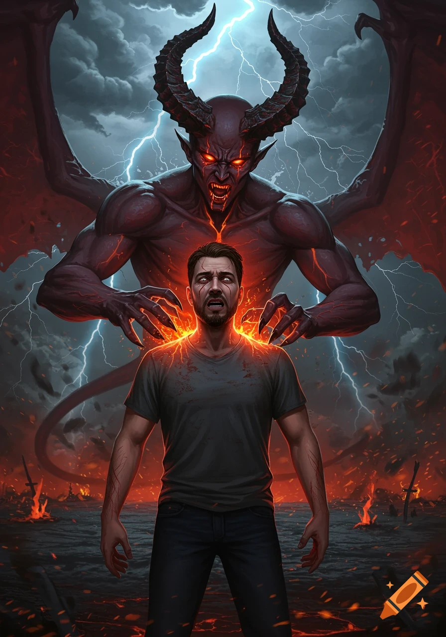 A man is consumed by glowing energy as a large, red-skinned demon with horns and wings looms behind him in a fiery landscape under a stormy, lightning-filled sky.