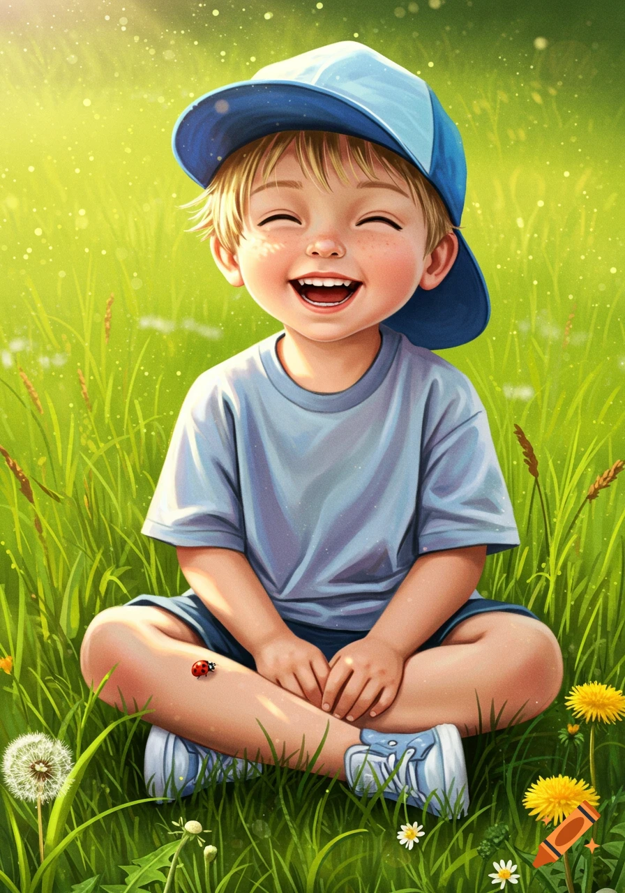 A brightly colored illustration of a smiling young boy wearing a blue baseball hat, sitting cross-legged in tall green grass with a ladybug on his leg.