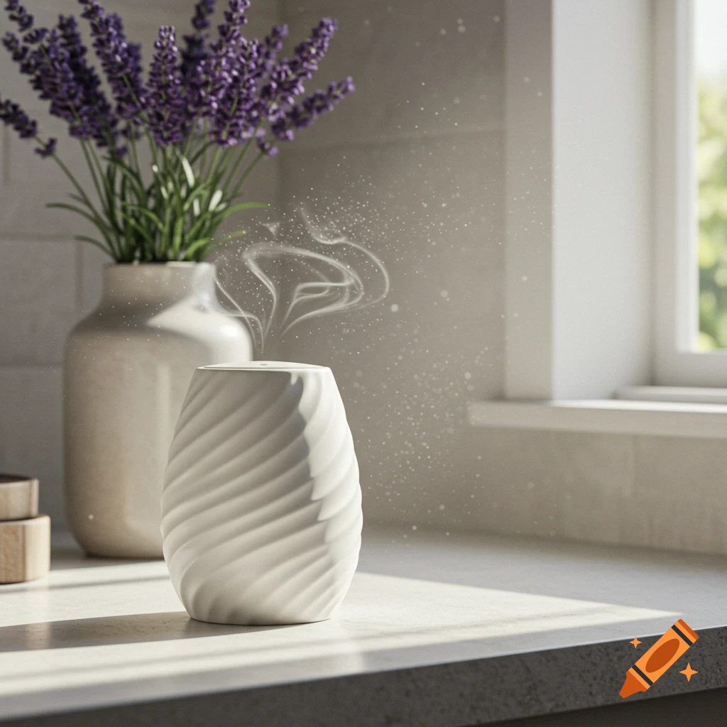 A white air freshener emitting vapor on a counter, with a vase of lavender flowers in the background, lit by sunlight.