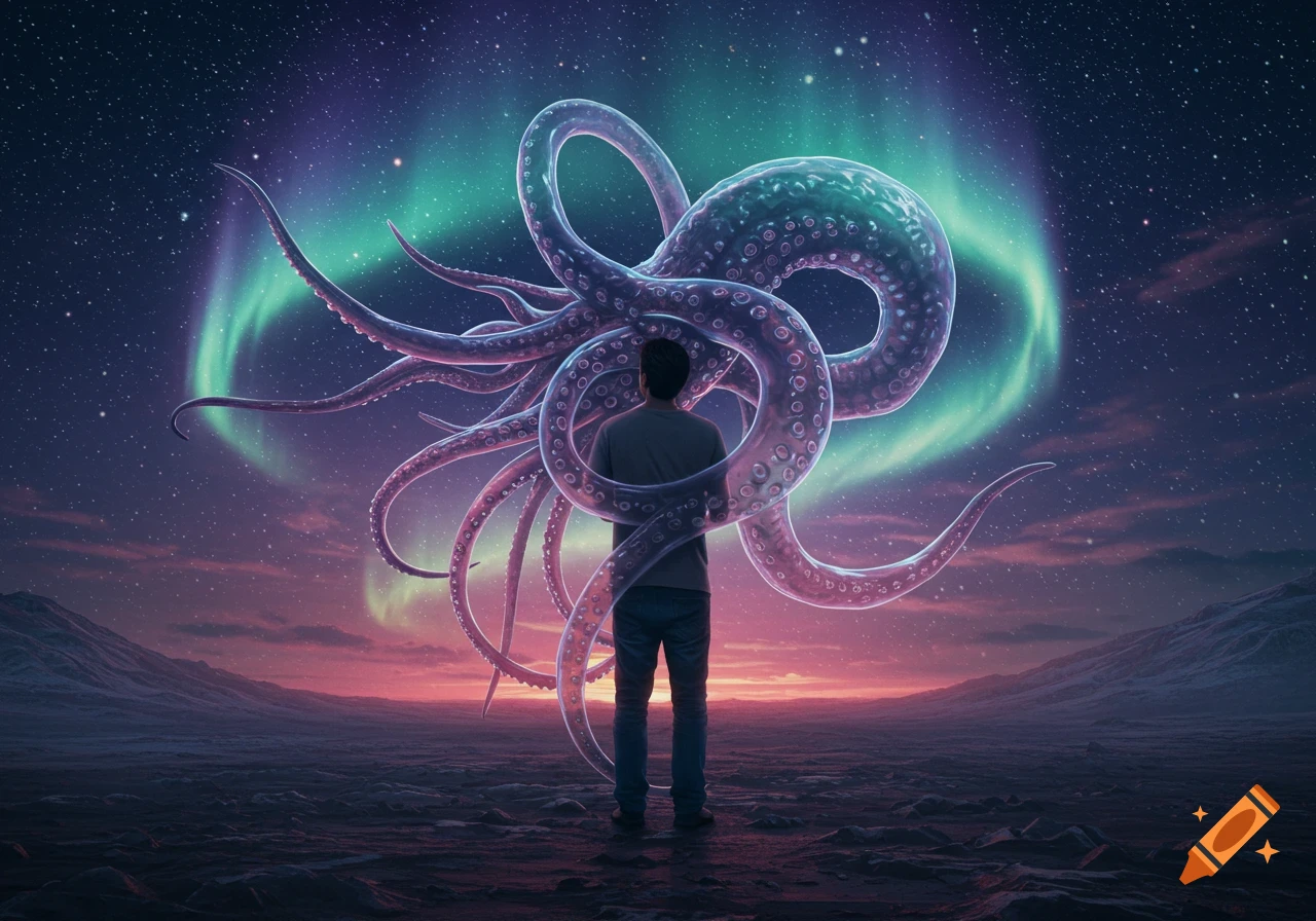 A man stands facing a colossal octopus-like creature under a starry night sky with a vibrant aurora.