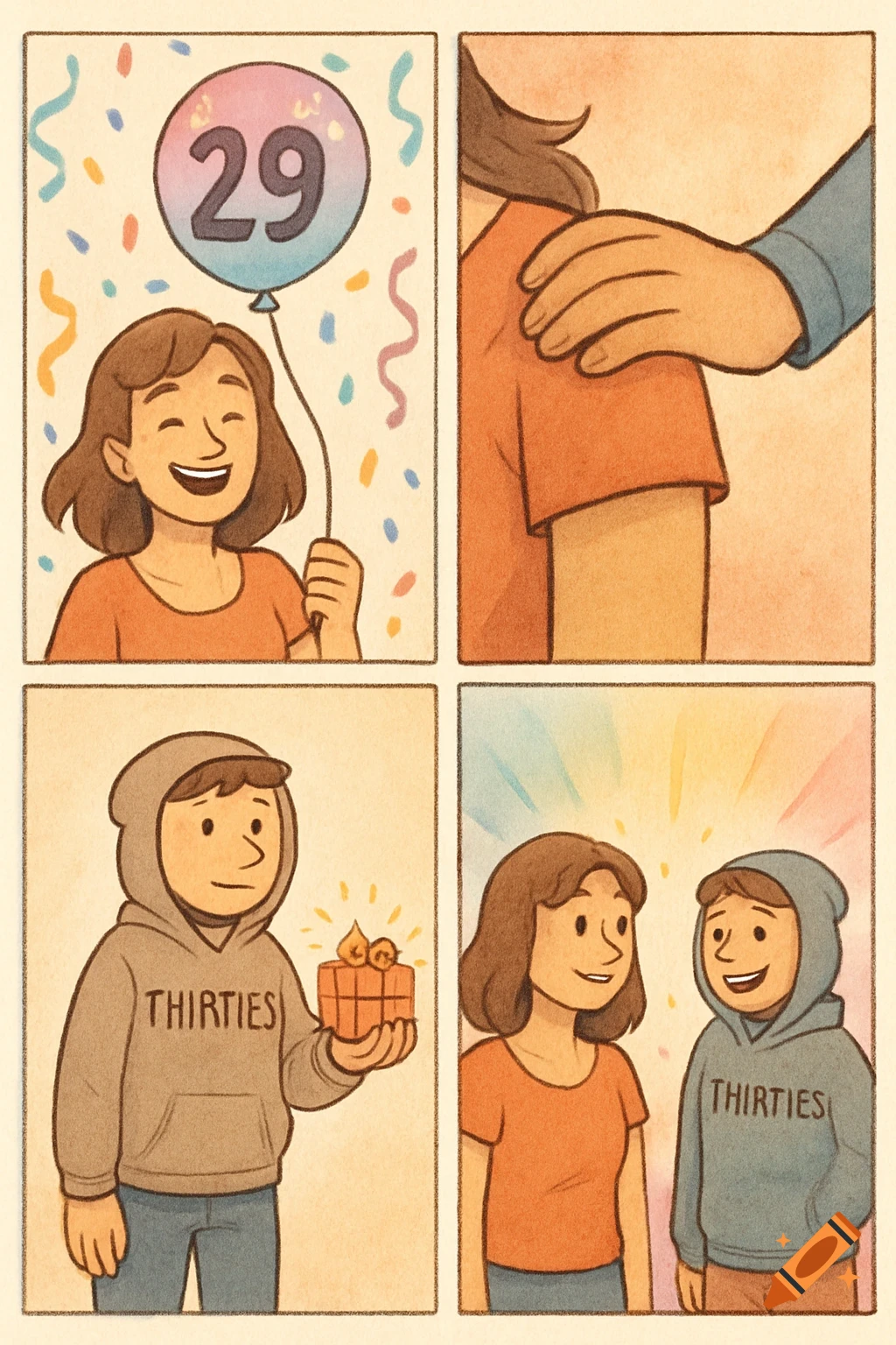 A four-panel comic. A smiling woman turns 29, then is comforted. A person in a 'THIRTIES' hoodie gives a gift, revealing the woman's upcoming thirties.