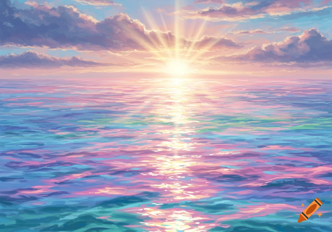 Vibrant sunset over a colorful ocean, with rays of light reflecting on the water, showing pink, purple, and blue hues.