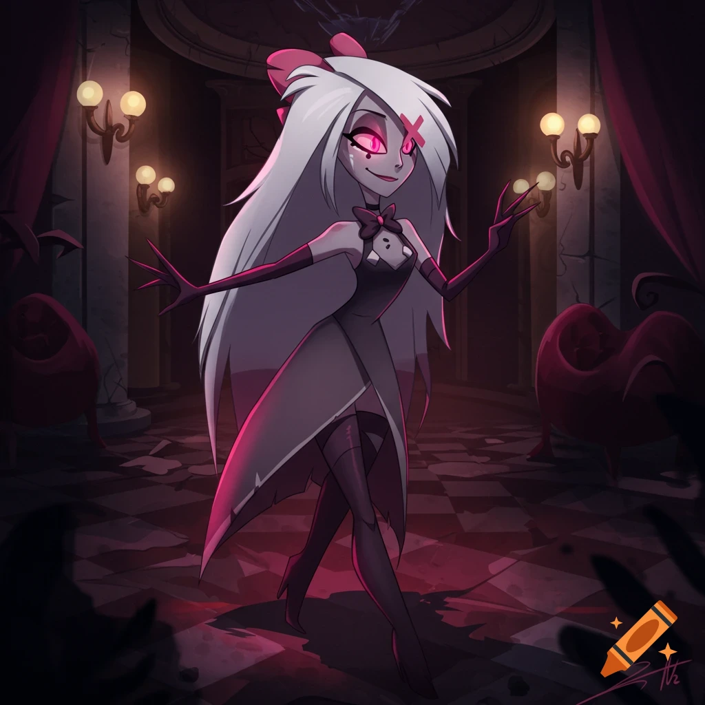 Animated Vaggie from Hazbin Hotel with white hair and a pink cross eye stands in a dark ornate room.