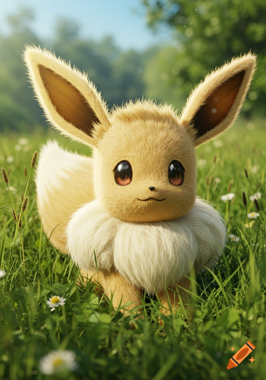 Photorealistic Eevee, a fluffy, light brown fox-like Pokemon, stands in a vibrant green grassy field.