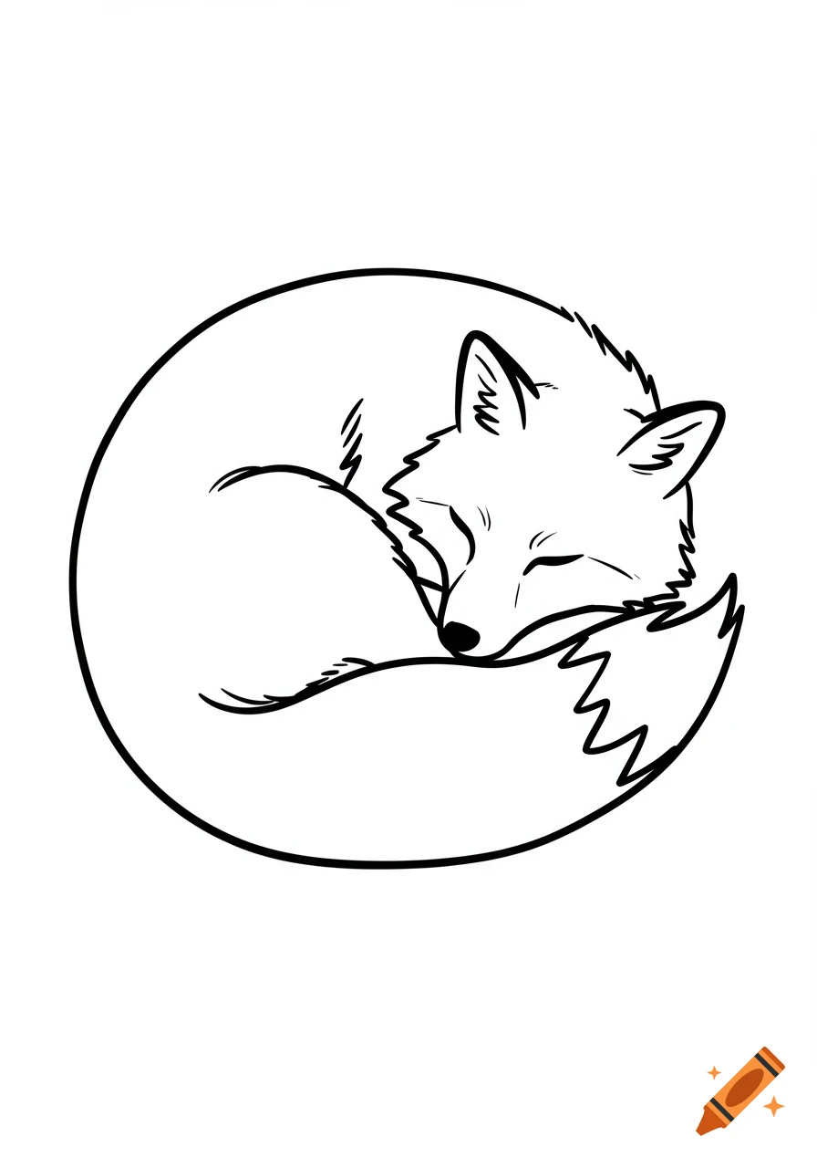 A simple black and white line art drawing of a sleeping fox curled up in a circle.