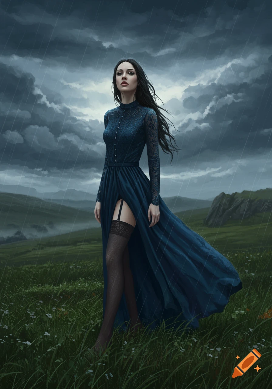 A woman with long dark hair in a dark blue lace dress and stockings stands in a rainy, grassy field under a stormy sky.