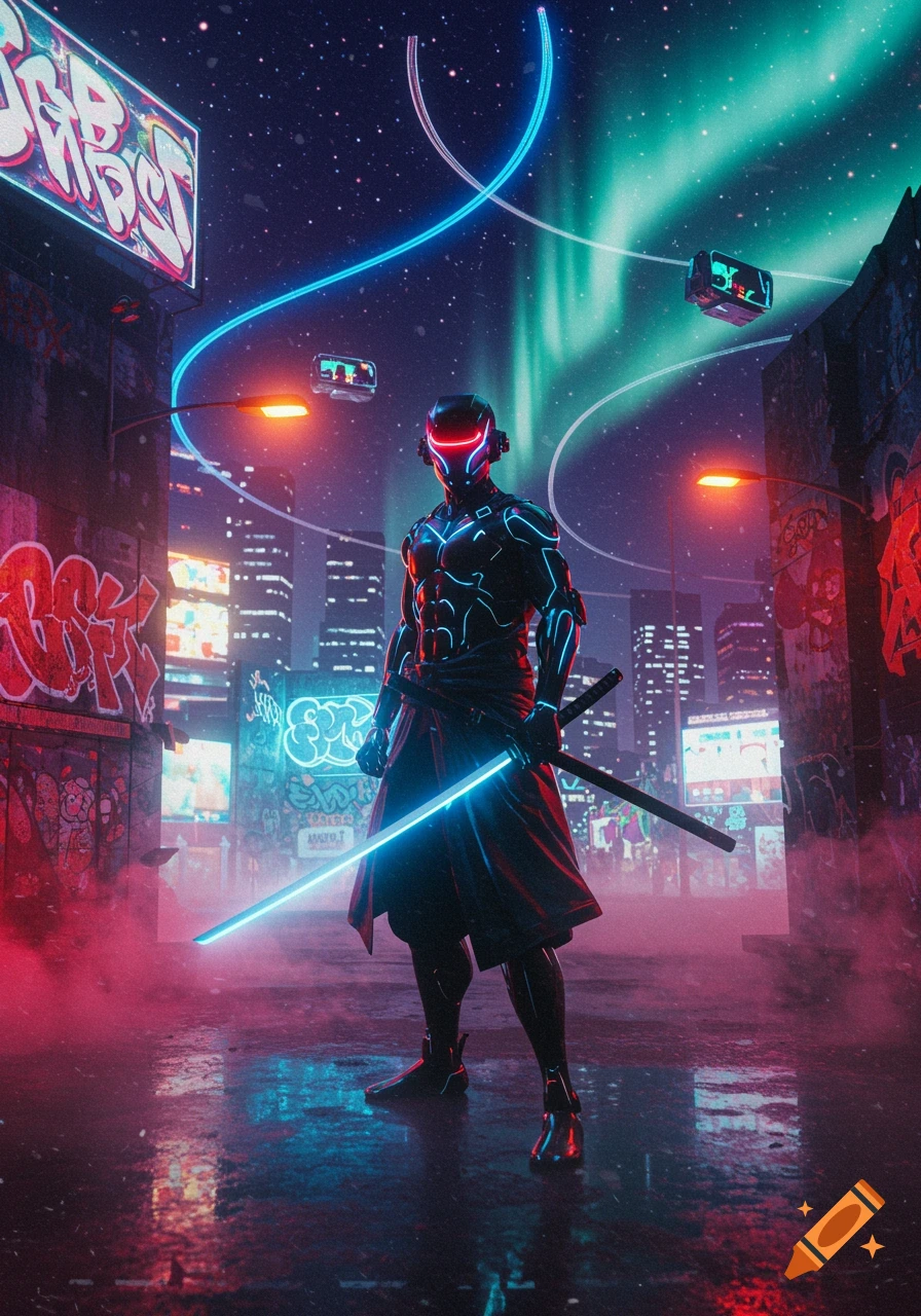 A futuristic ninja in a dark, neon-lit cyberpunk city street under an aurora sky, holding a glowing blue katana.