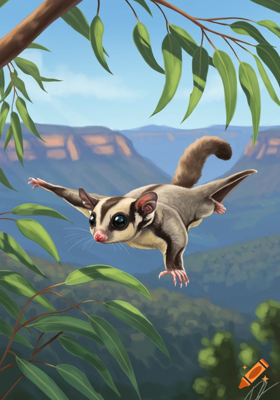 An illustrated sugar glider glides through eucalyptus leaves with a backdrop of blue mountains under a clear sky.