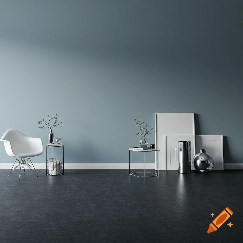 A minimalist room with a light blue-grey wall, dark grey floor, white chair, side tables, and decorative objects.