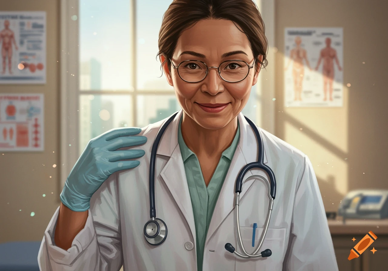 A smiling female doctor wearing glasses, a white lab coat, and a stethoscope, with a gloved hand on her shoulder, in a sunlit medical office.