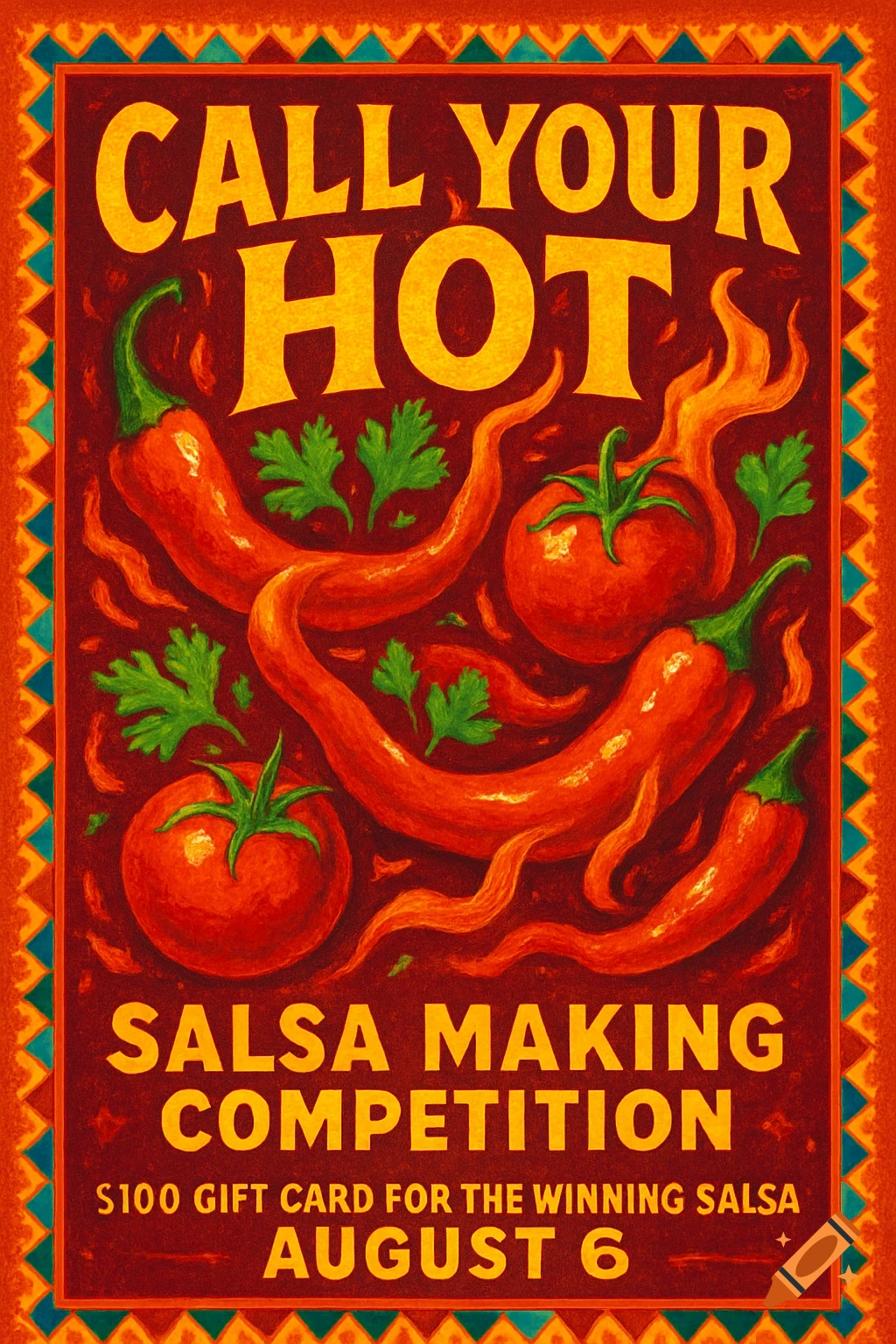 A colorful poster for a 'Call Your Hot Salsa Making Competition' with chili peppers and tomatoes on a red background.