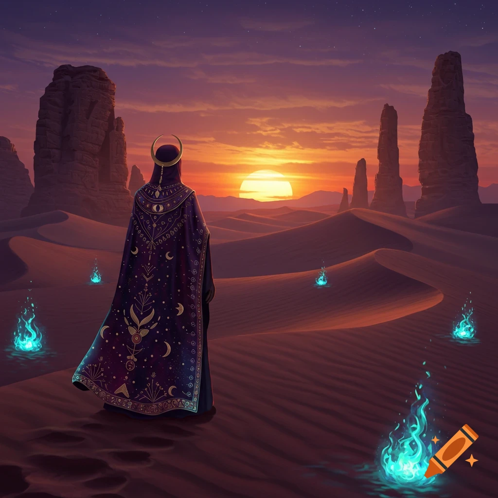 A robed figure with a moon halo stands in a desert at sunset, surrounded by glowing blue flames and towering rock formations.