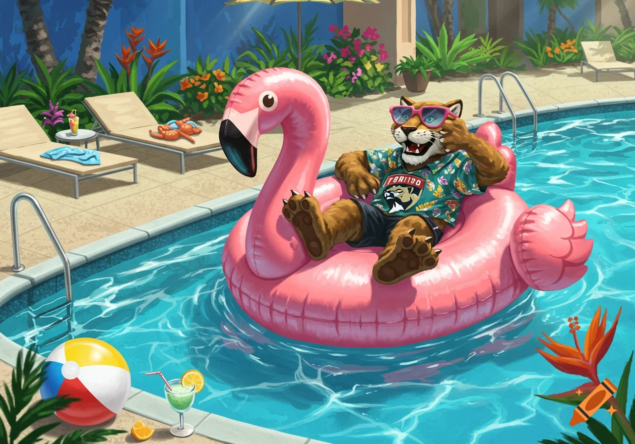A cartoon tiger-like mascot wearing a Hawaiian shirt and sunglasses floats on a pink flamingo inflatable in a bright blue swimming pool.