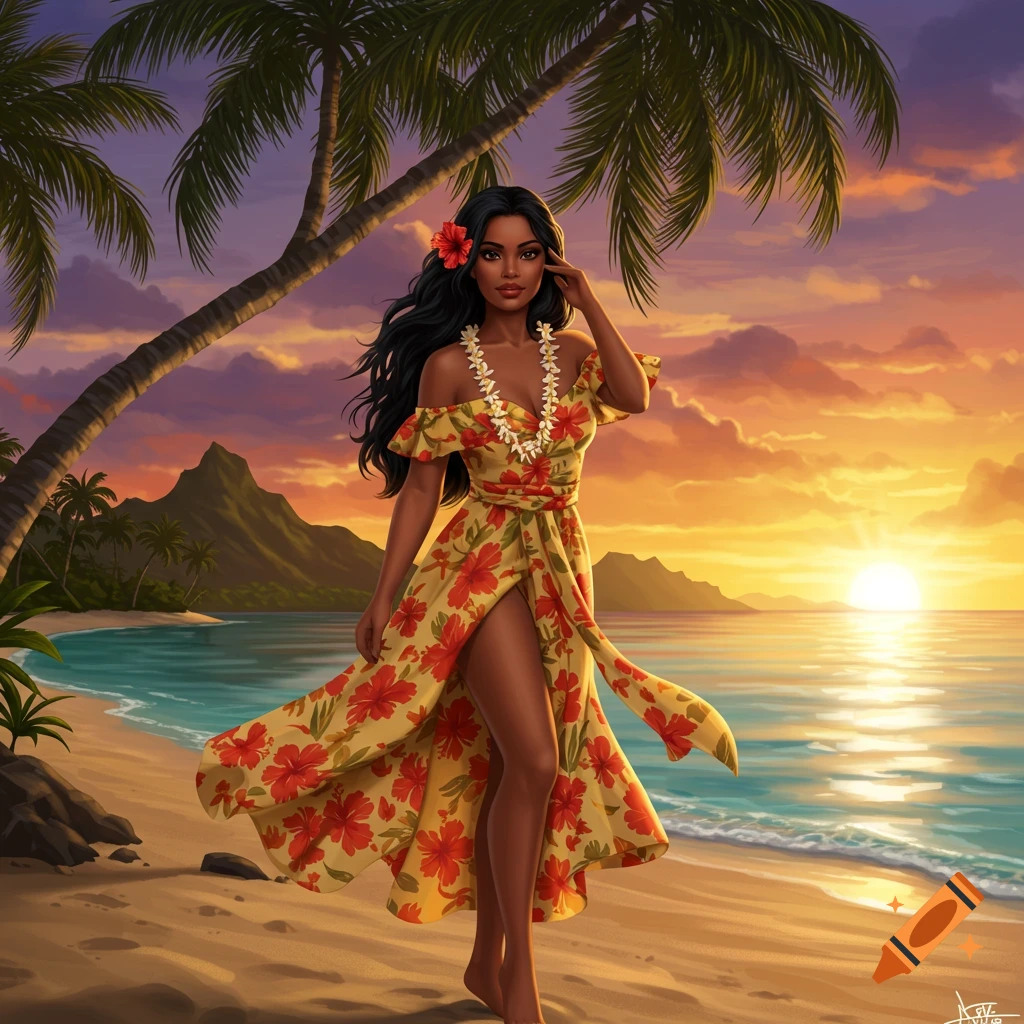 An illustrated tropical scene of a beautiful islander woman in a floral dress on a sandy beach at sunset, with palm trees and ocean.