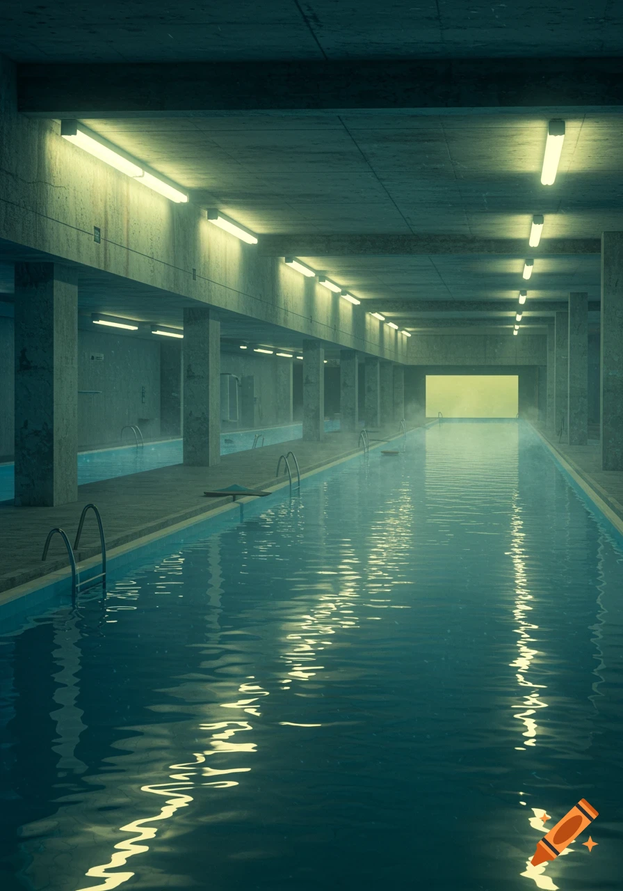 A long, eerily lit indoor swimming pool with concrete pillars, fluorescent lights, and a glowing yellow opening at the far end.