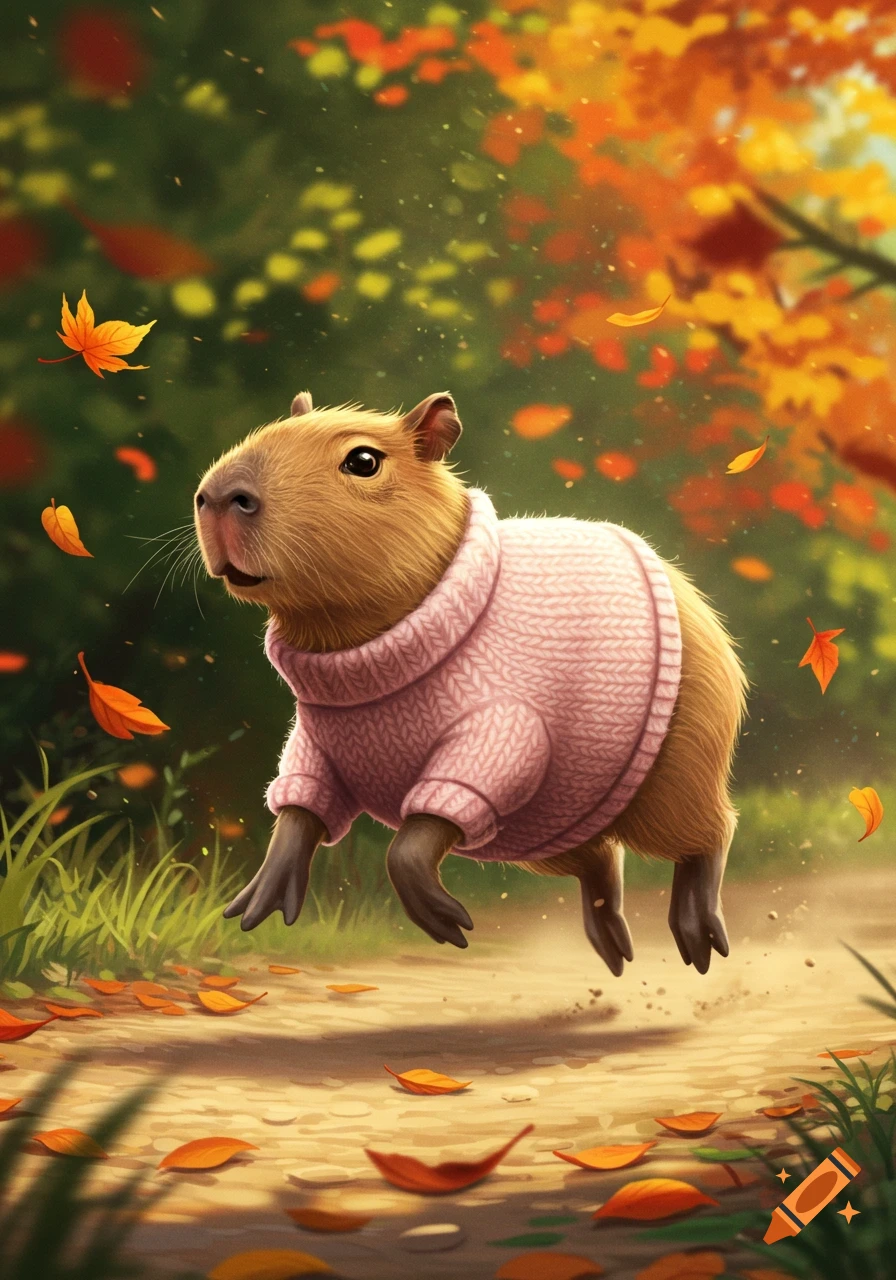 A cute capybara wearing a pink sweater jumps on a path surrounded by falling autumn leaves.