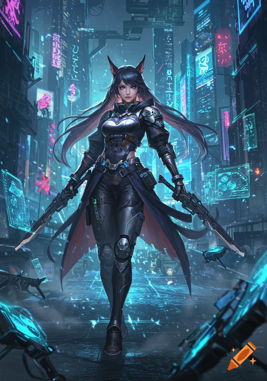 A female character with dark hair and animal ears in futuristic armor stands in a neon-lit cyberpunk city, holding two rifles.