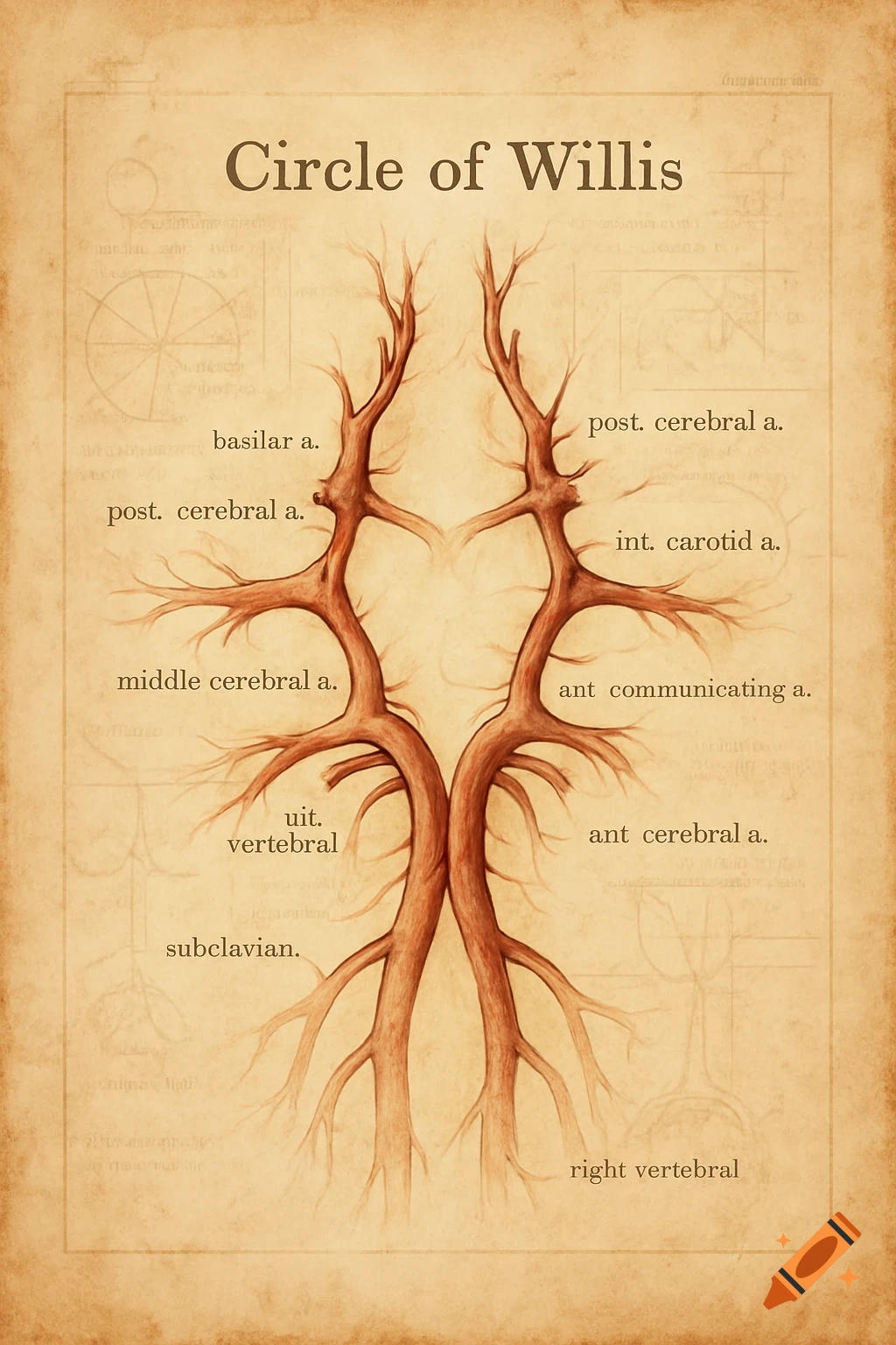 Vintage anatomical diagram of the Circle of Willis on an old textbook page with labeled arteries.