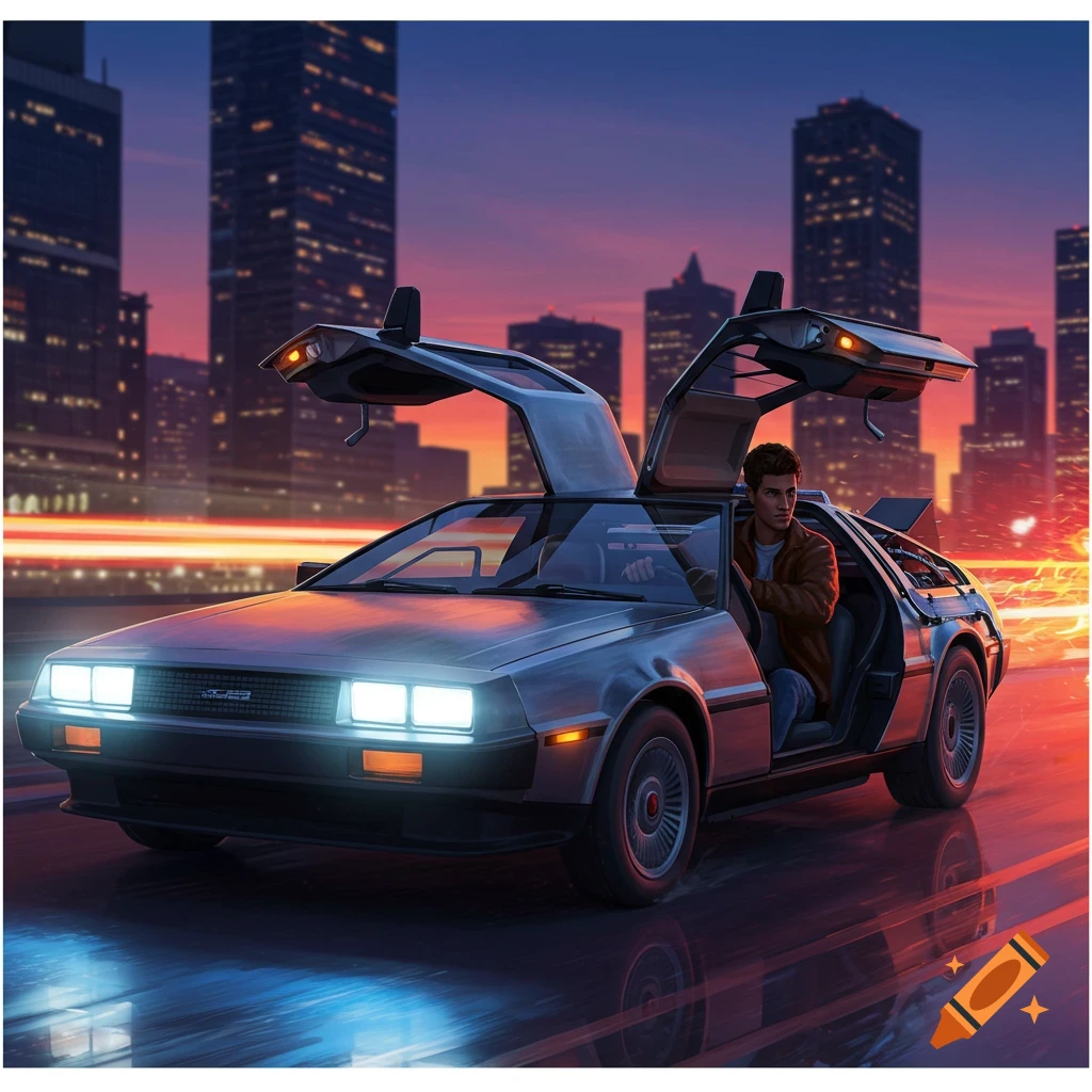 A man in a DeLorean with its gull-wing doors open, driving through a neon-lit city at dusk, with light trails.