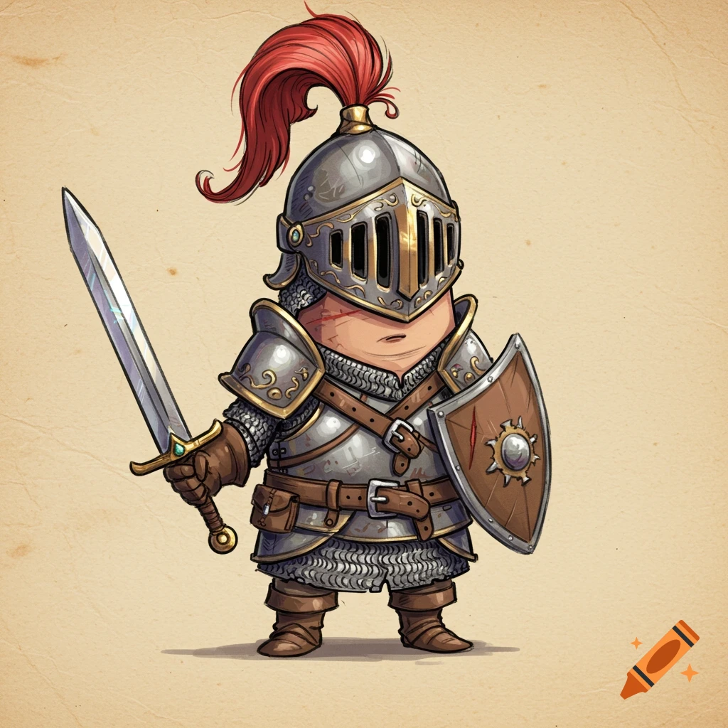 A cartoonish knight character in full metal armor with a red plume, holding a sword and shield, in a concept art style.