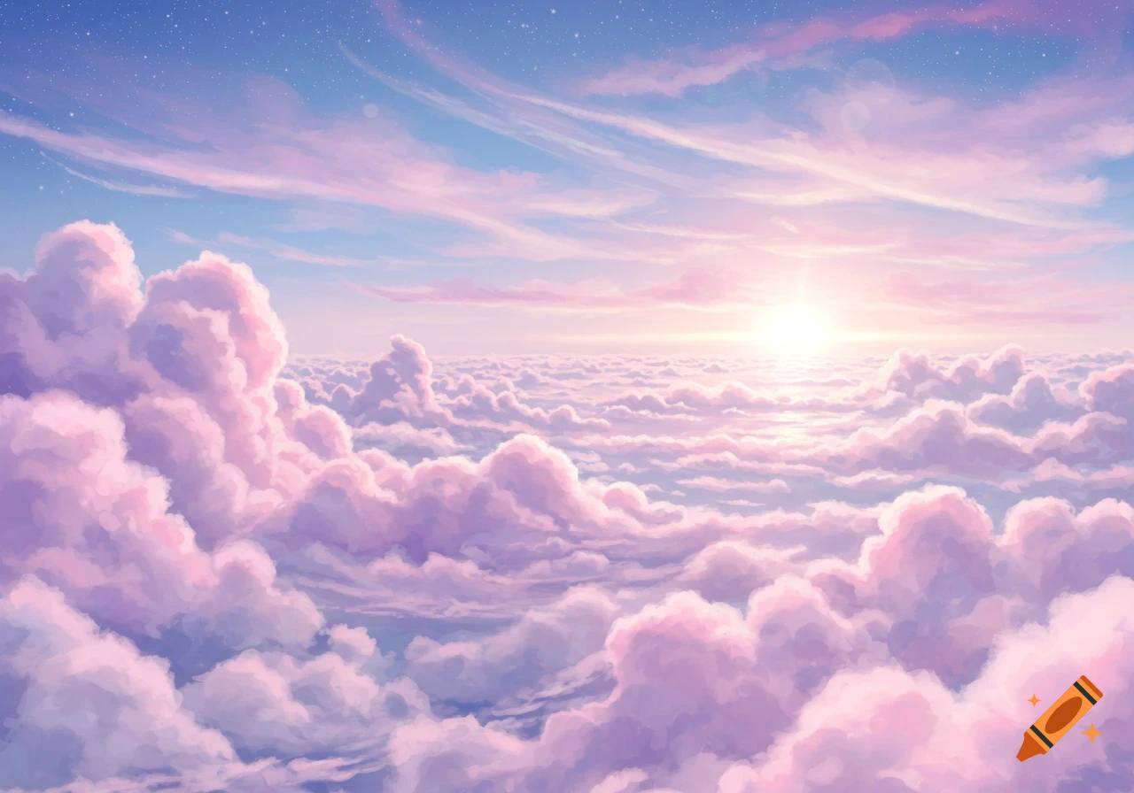 A dreamy landscape of fluffy pink and purple clouds stretching to the horizon, bathed in the soft glow of a rising or setting sun, under a starry blue sky.