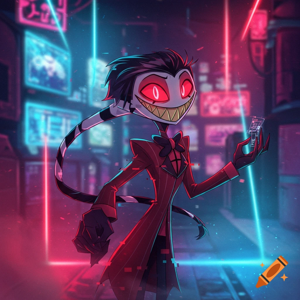 A cartoon demon character with red eyes and a wide smile, wearing a red pinstripe suit, stands in a neon-lit cyberpunk city holding a small tech card.