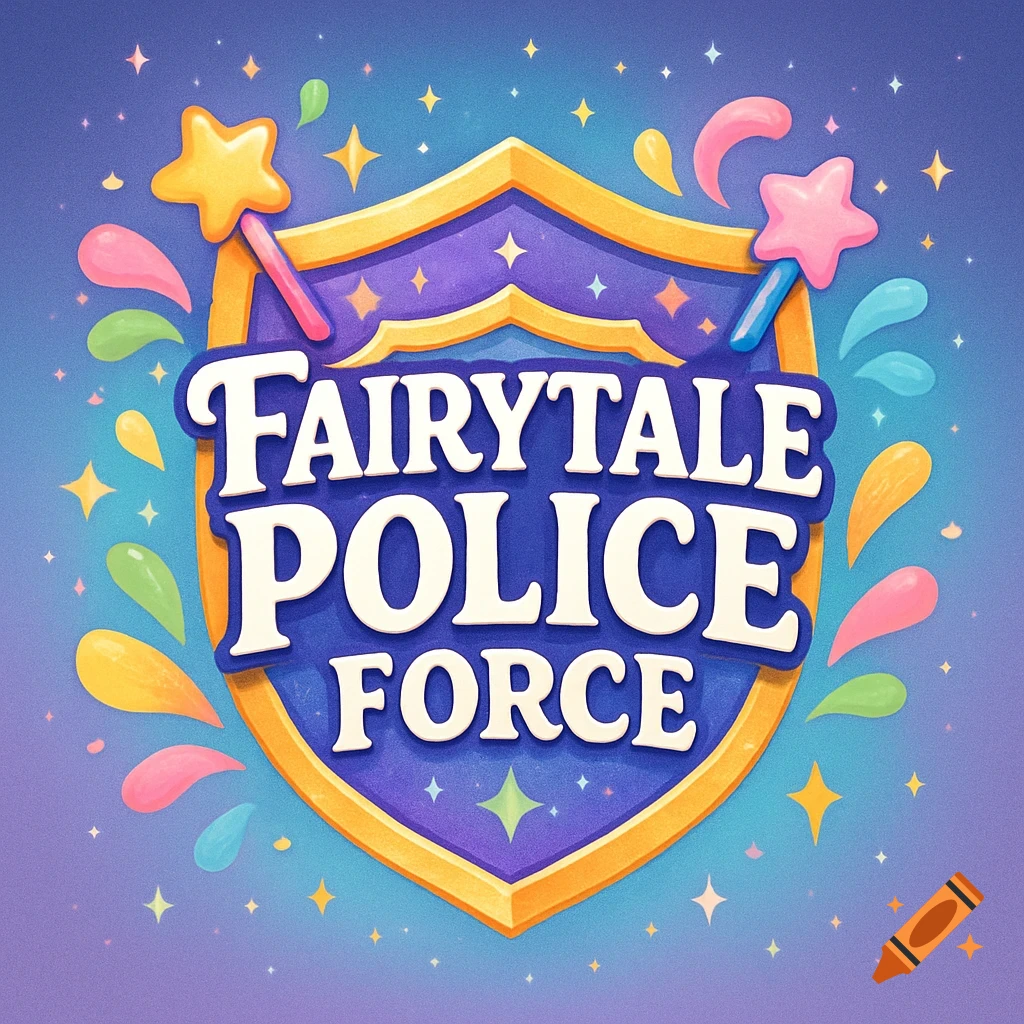 Colorful cartoon logo for Fairytale Police Force with a shield, wands, and stars on a starry background.
