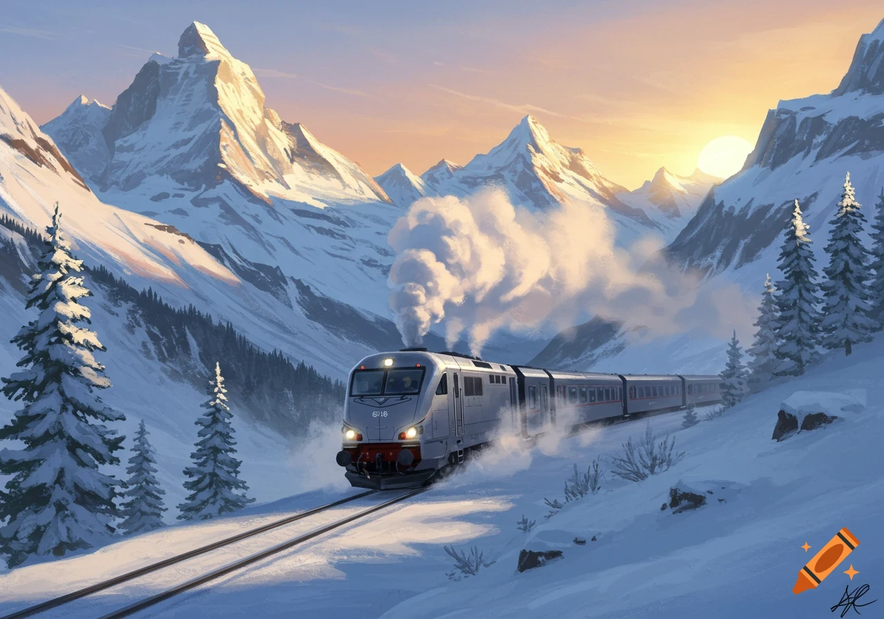 A silver train journeys through a snowy mountain range bathed in the warm light of dawn.
